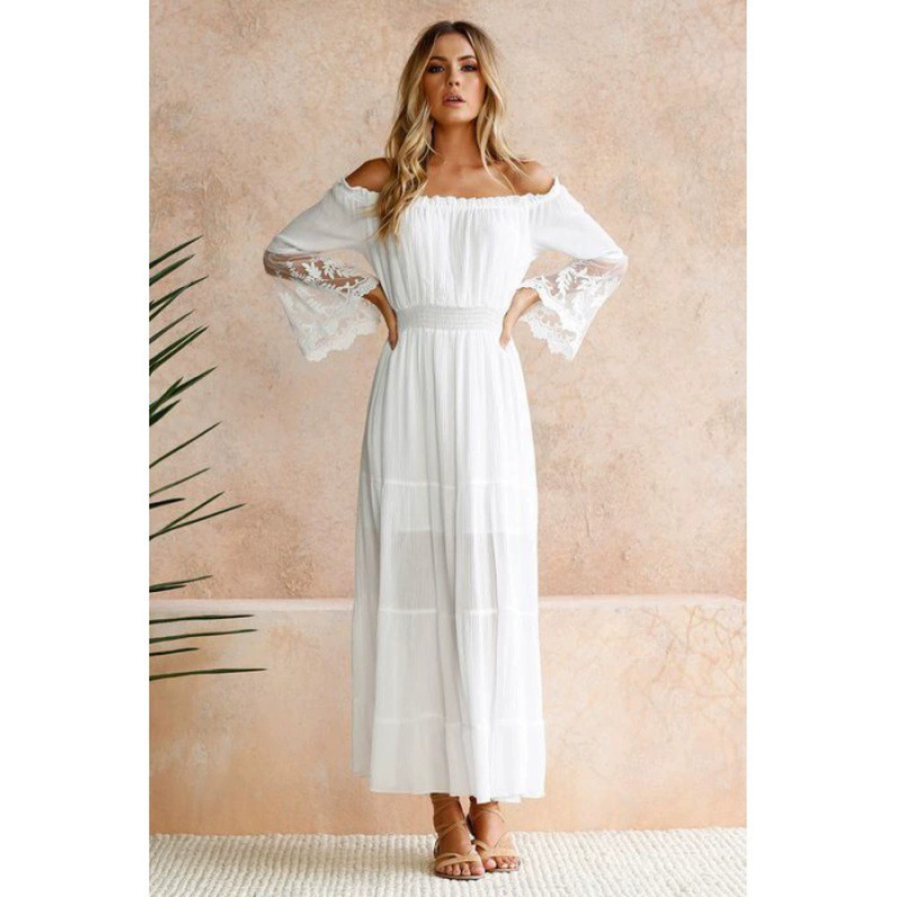 ZARA Sexy Lace Patchwork Bell Sleeve Bateau Neckline Maxi Dress